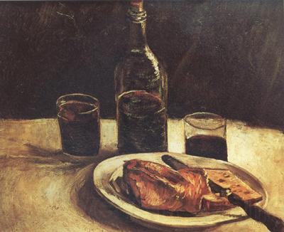 Vincent Van Gogh Still life with a Bottle,Two Glasses Cheese and Bread (nn04) Norge oil painting art